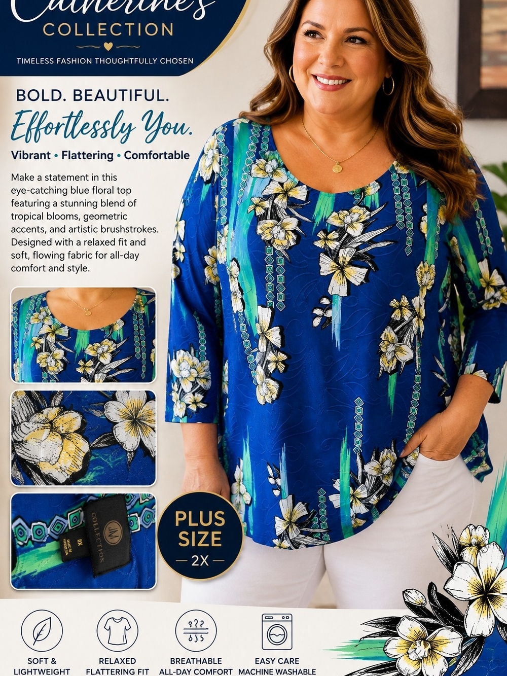 JM Collection Plus Size 2X Blue Floral Tunic Top